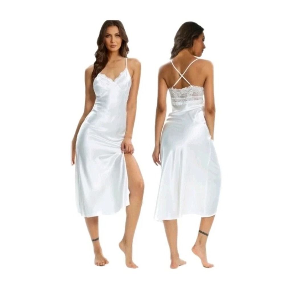 Alcea Rosea‎ NWT Large White Bridal Nightgown Lace Silky Satin Gown Romantic